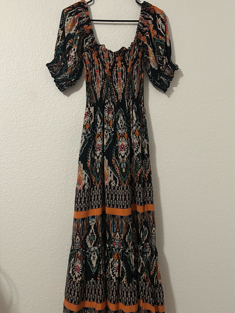 Bohemian Black Floral Maxi Dress with Puff Sleeves